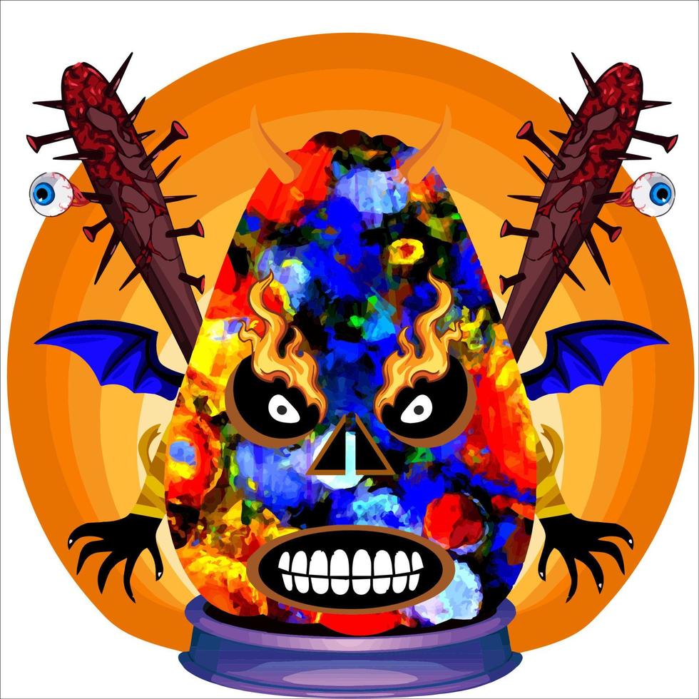 Creepy Party Halloween Pumpkin Head. Pumpkin Face with Weapon in the Behind. Suitable for E Sport Logo, T-Shirt and Others Print Stuff. vector