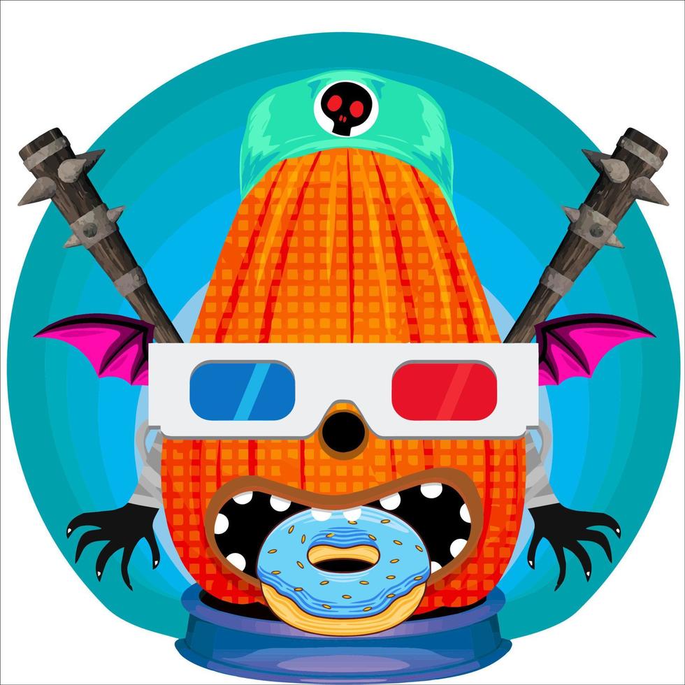 Creepy Party Halloween Pumpkin Head. Pumpkin Face with Weapon in the Behind. Suitable for E Sport Logo, T-Shirt and Others Print Stuff. vector