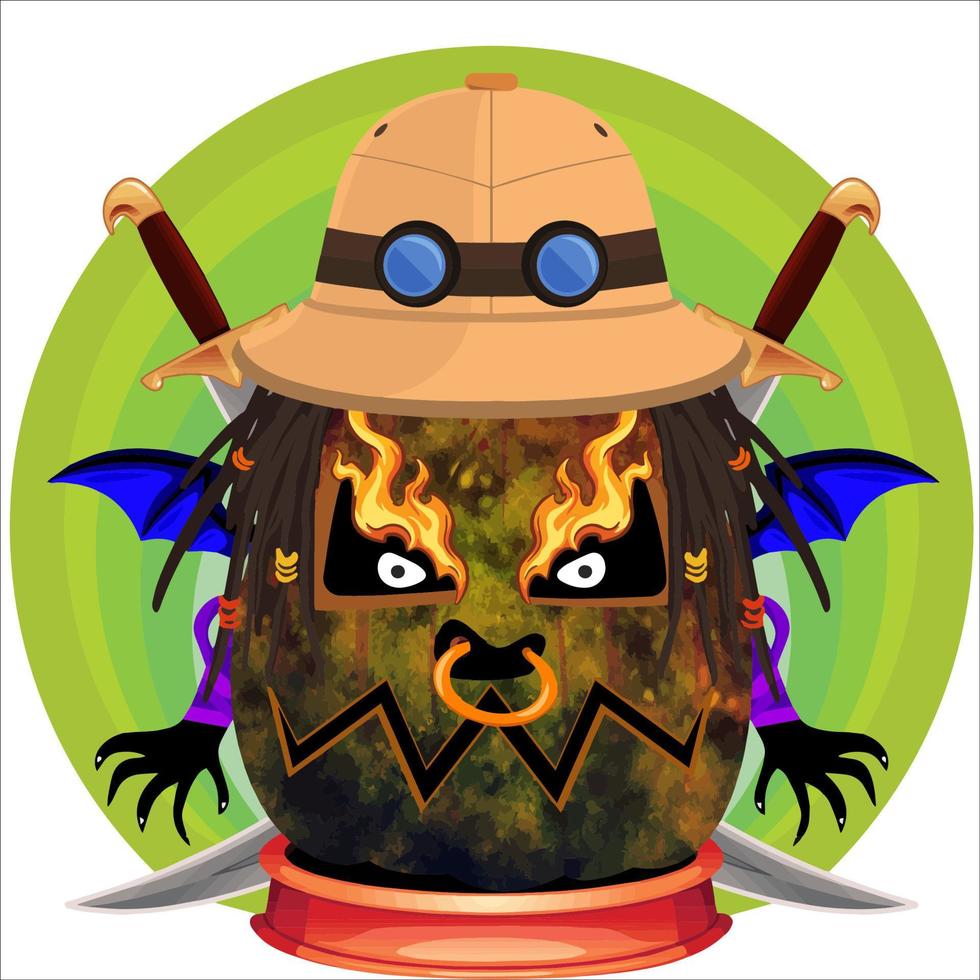 Creepy Party Halloween Pumpkin Head. Pumpkin Face with Weapon in the Behind. Suitable for E Sport Logo, T-Shirt and Others Print Stuff. vector