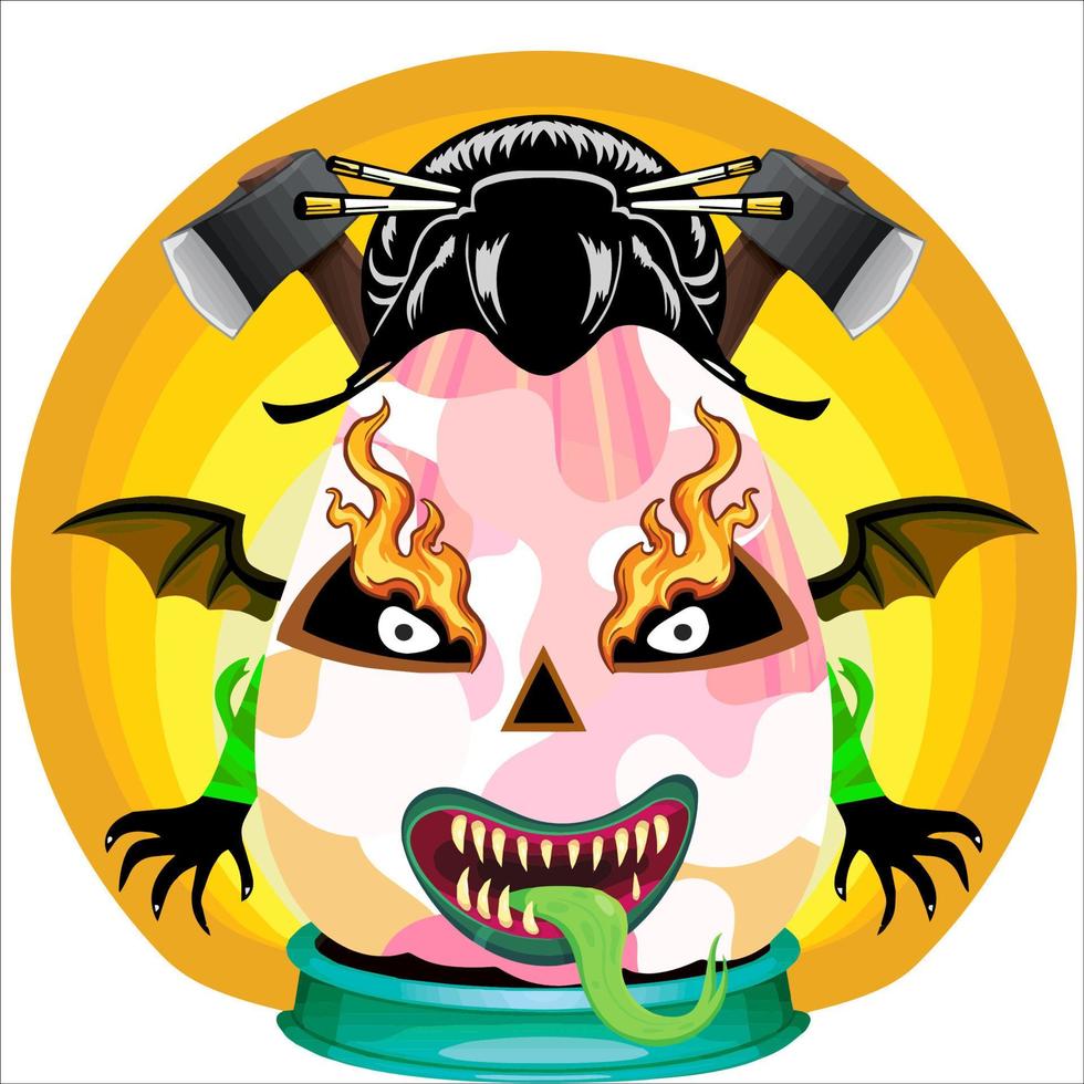 Creepy Party Halloween Pumpkin Head. Pumpkin Face with Weapon in the Behind. Suitable for E Sport Logo, T-Shirt and Others Print Stuff. vector