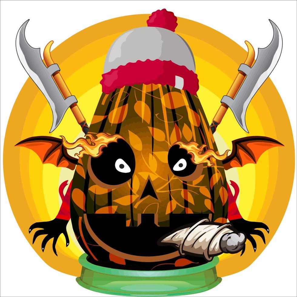 fiesta espeluznante cabeza de calabaza de halloween. cara de calabaza con arma en la espalda. adecuado para el logotipo del deporte electrónico, la camiseta y otras cosas impresas. vector