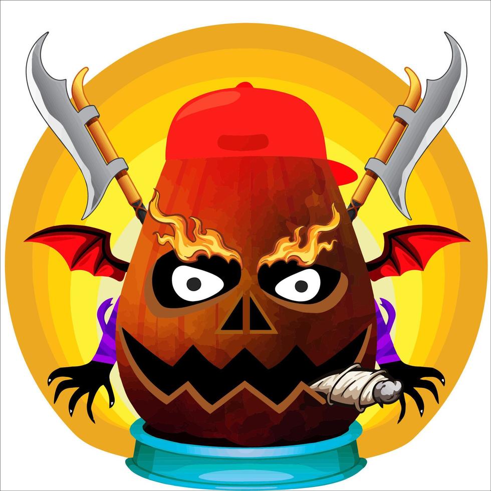 Creepy Party Halloween Pumpkin Head. Pumpkin Face with Weapon in the Behind. Suitable for E Sport Logo, T-Shirt and Others Print Stuff. vector