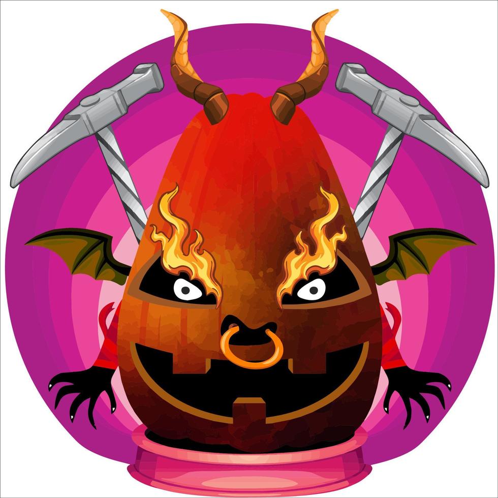 Creepy Party Halloween Pumpkin Head. Pumpkin Face with Weapon in the Behind. Suitable for E Sport Logo, T-Shirt and Others Print Stuff. vector