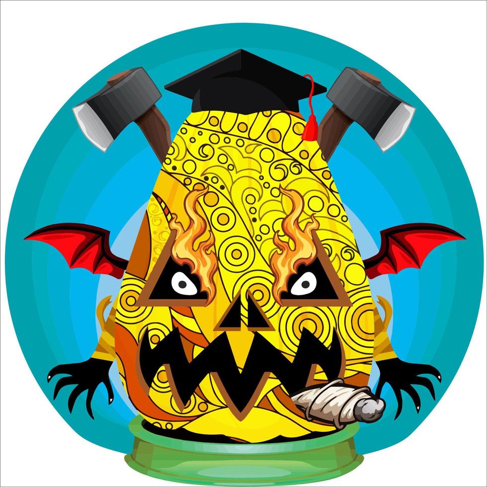 Creepy Party Halloween Pumpkin Head. Pumpkin Face with Weapon in the Behind. Suitable for E Sport Logo, T-Shirt and Others Print Stuff. vector