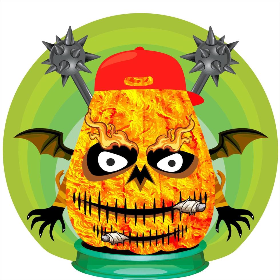 Creepy Party Halloween Pumpkin Head. Pumpkin Face with Weapon in the Behind. Suitable for E Sport Logo, T-Shirt and Others Print Stuff. vector