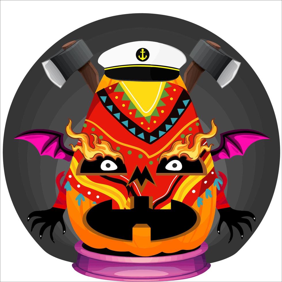 Creepy Party Halloween Pumpkin Head. Pumpkin Face with Weapon in the Behind. Suitable for E Sport Logo, T-Shirt and Others Print Stuff. vector