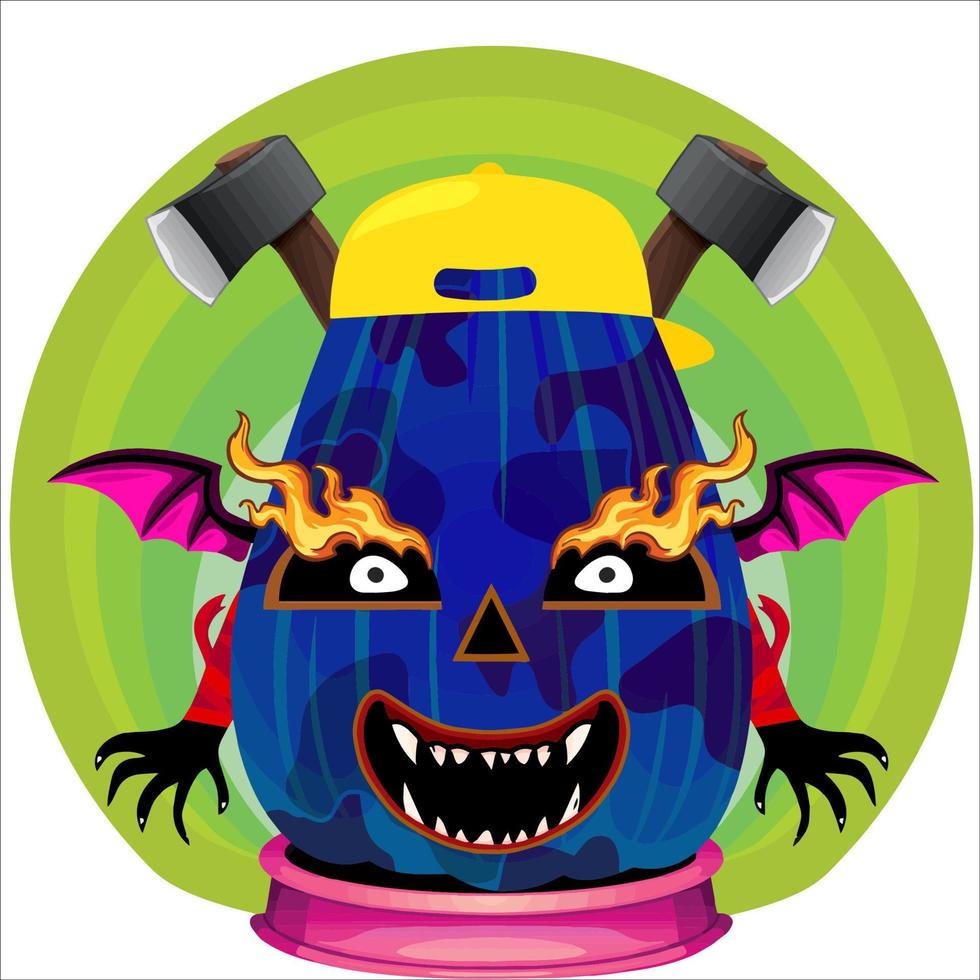 fiesta espeluznante cabeza de calabaza de halloween. cara de calabaza con arma en la espalda. adecuado para el logotipo del deporte electrónico, la camiseta y otras cosas impresas. vector