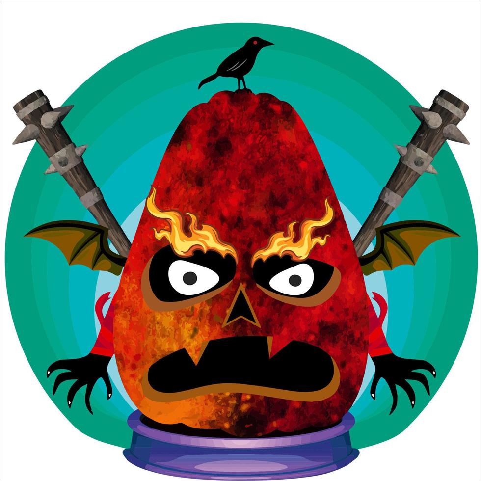 fiesta espeluznante cabeza de calabaza de halloween. cara de calabaza con arma en la espalda. adecuado para el logotipo del deporte electrónico, la camiseta y otras cosas impresas. vector