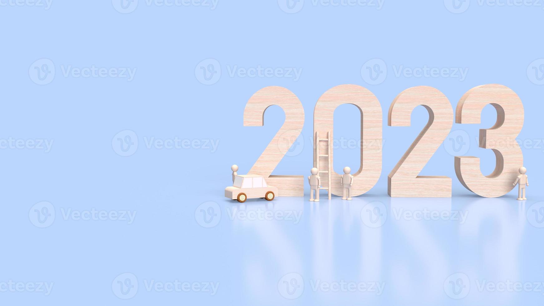 The wood number 2023 in blue background  3d rendering photo