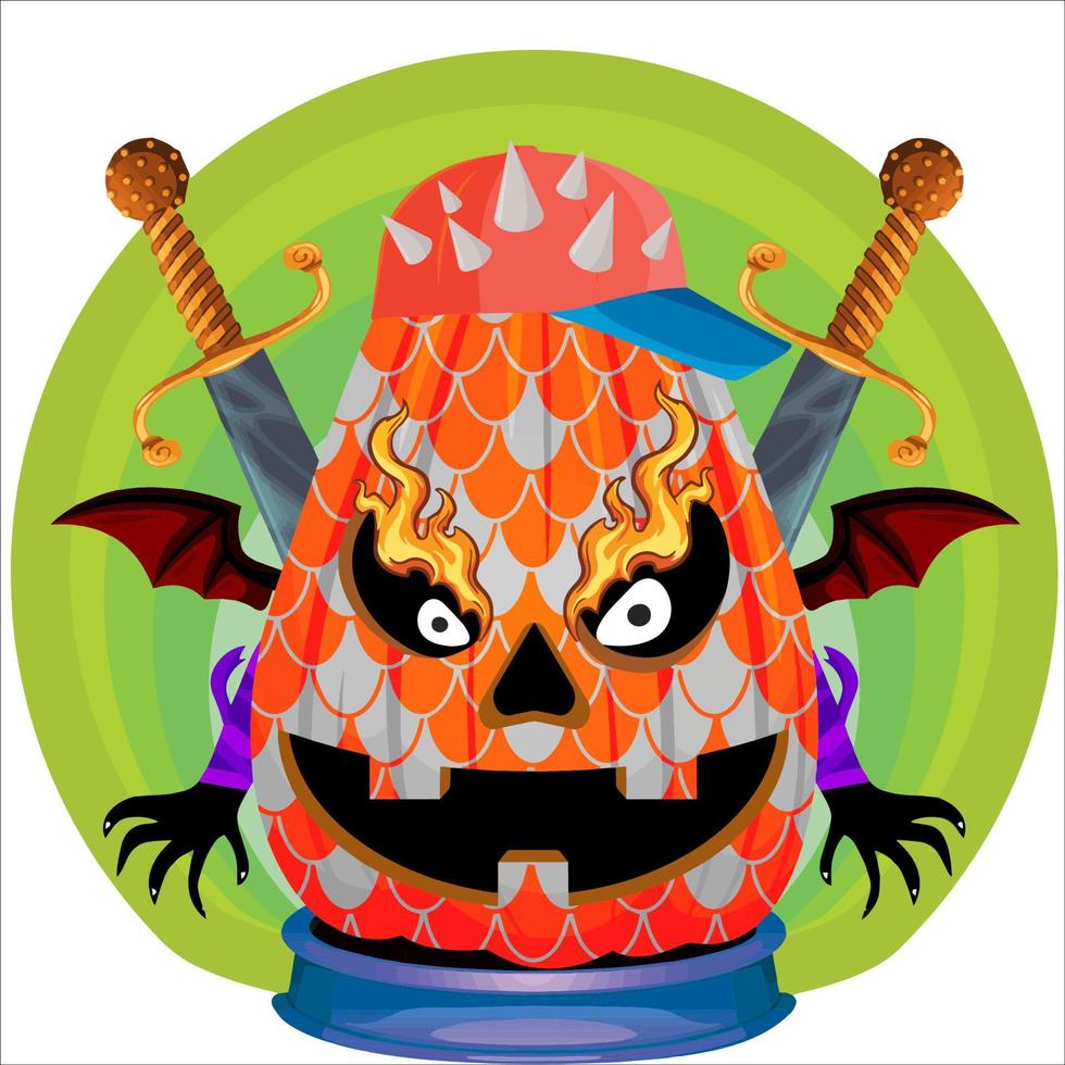 Creepy Party Halloween Pumpkin Head. Pumpkin Face with Weapon in the Behind. Suitable for E Sport Logo, T-Shirt and Others Print Stuff. vector