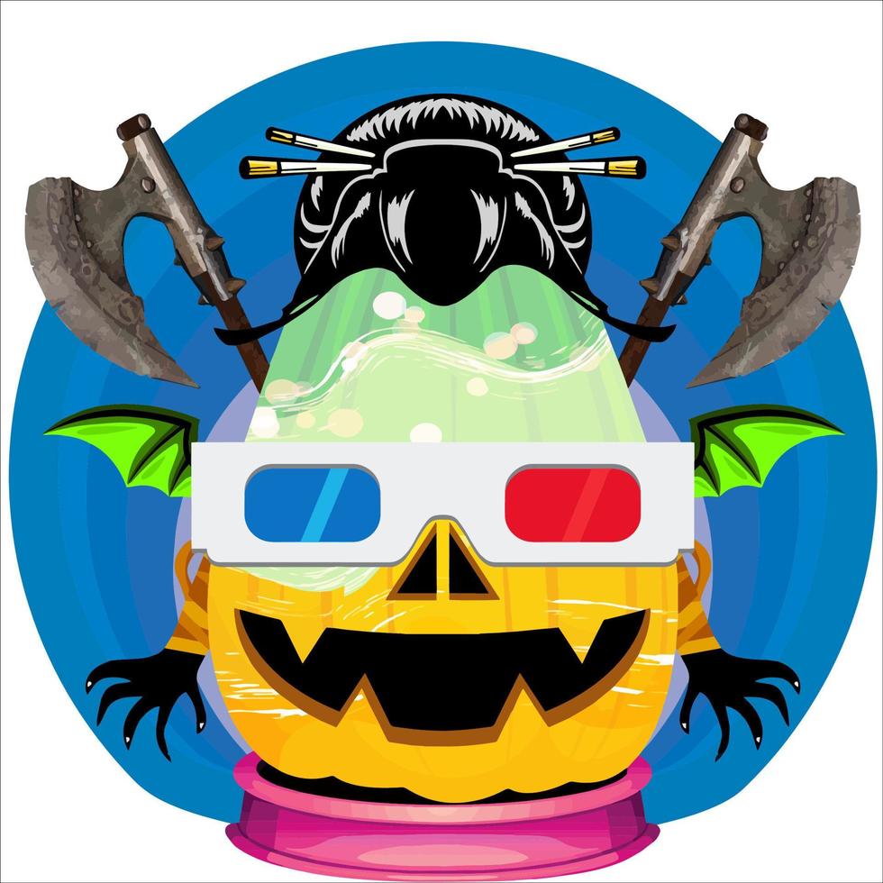 fiesta espeluznante cabeza de calabaza de halloween. cara de calabaza con arma en la espalda. adecuado para el logotipo del deporte electrónico, la camiseta y otras cosas impresas. vector