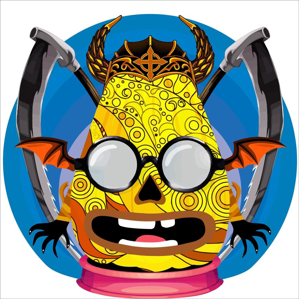 fiesta espeluznante cabeza de calabaza de halloween. cara de calabaza con arma en la espalda. adecuado para el logotipo del deporte electrónico, la camiseta y otras cosas impresas. vector