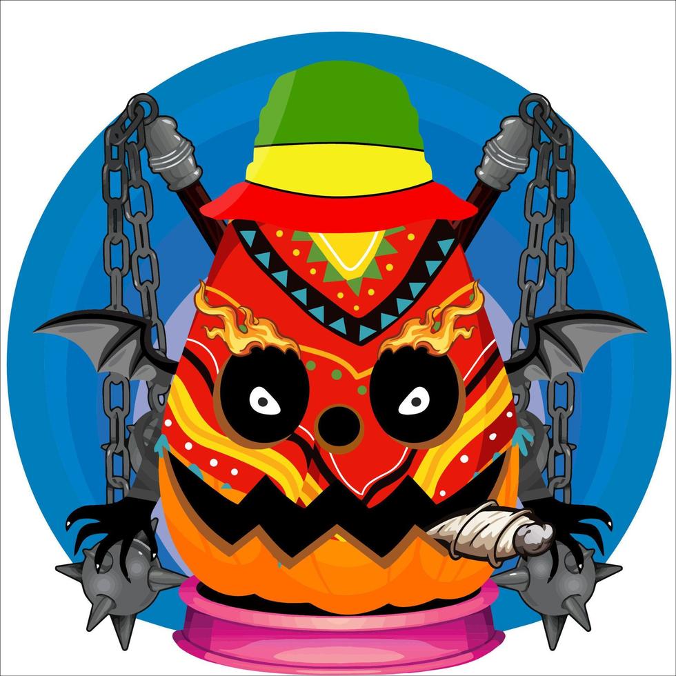 fiesta espeluznante cabeza de calabaza de halloween. cara de calabaza con arma en la espalda. adecuado para el logotipo del deporte electrónico, la camiseta y otras cosas impresas. vector