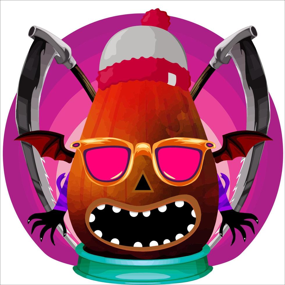 Creepy Party Halloween Pumpkin Head. Pumpkin Face with Weapon in the Behind. Suitable for E Sport Logo, T-Shirt and Others Print Stuff. vector