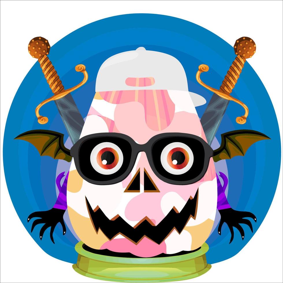 Creepy Party Halloween Pumpkin Head. Pumpkin Face with Weapon in the Behind. Suitable for E Sport Logo, T-Shirt and Others Print Stuff. vector