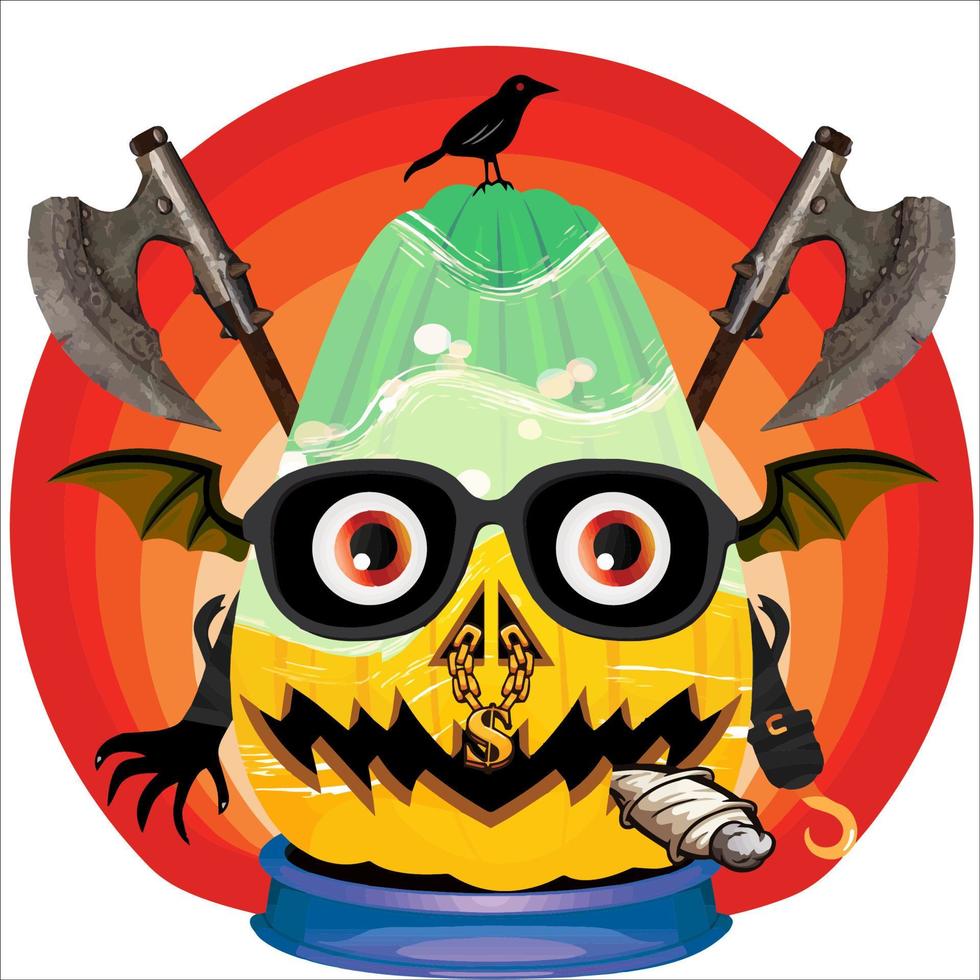 fiesta espeluznante cabeza de calabaza de halloween. cara de calabaza con arma en la espalda. adecuado para el logotipo del deporte electrónico, la camiseta y otras cosas impresas. vector