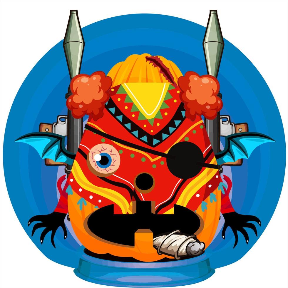 Creepy Party Halloween Pumpkin Head. Pumpkin Face with Weapon in the Behind. Suitable for E Sport Logo, T-Shirt and Others Print Stuff. vector