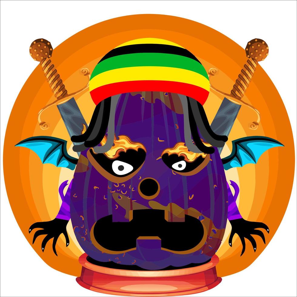 fiesta espeluznante cabeza de calabaza de halloween. cara de calabaza con arma en la espalda. adecuado para el logotipo del deporte electrónico, la camiseta y otras cosas impresas. vector