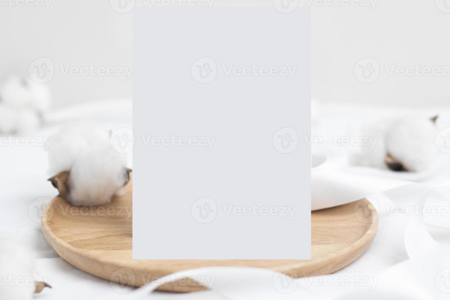 Greeting card mockup with Cotton flower and craft envelop, Wedding cards. Birthday card  Mockup for Template photo