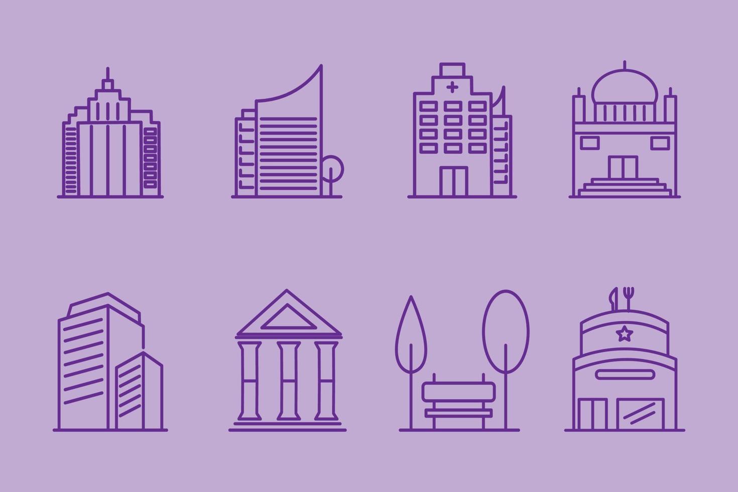 collection of building icons with purple lines vector
