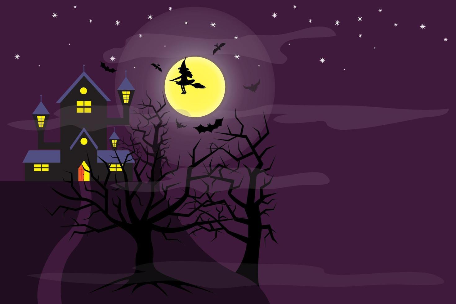 fiesta de halloween con casa del diablo, bruja voladora y luna llena vector