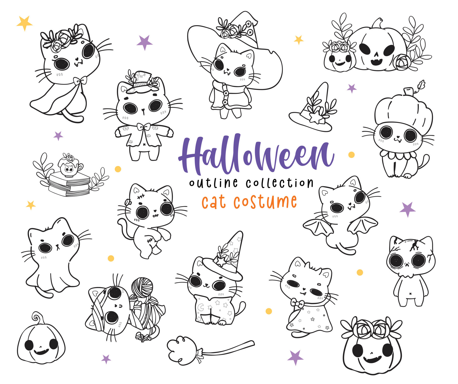 cute Halloween kitten, kawaii cat Halloween costume set cartoon outline