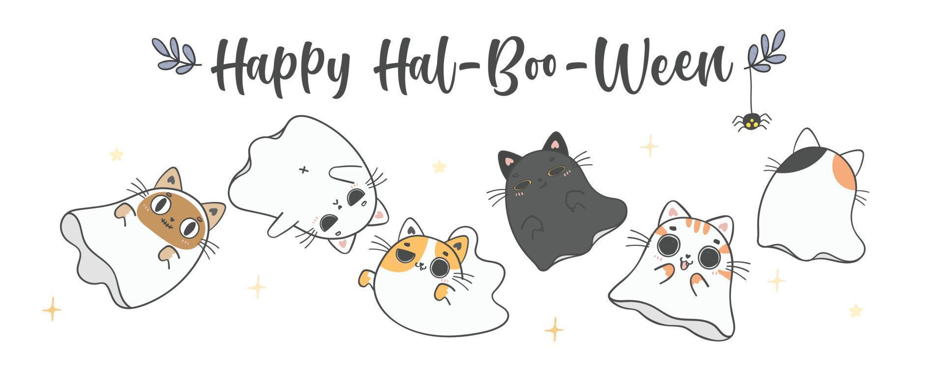 grupo de lindo halloween gatito gato fantasma dibujos animados mascota garabato dibujo a mano vector