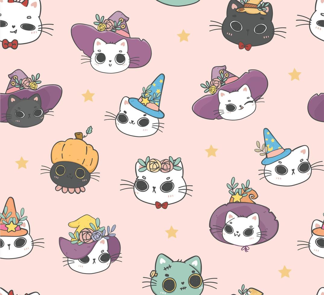 pattern seamless background cute kitten cat witch Halloween face head cartoon drawing vector