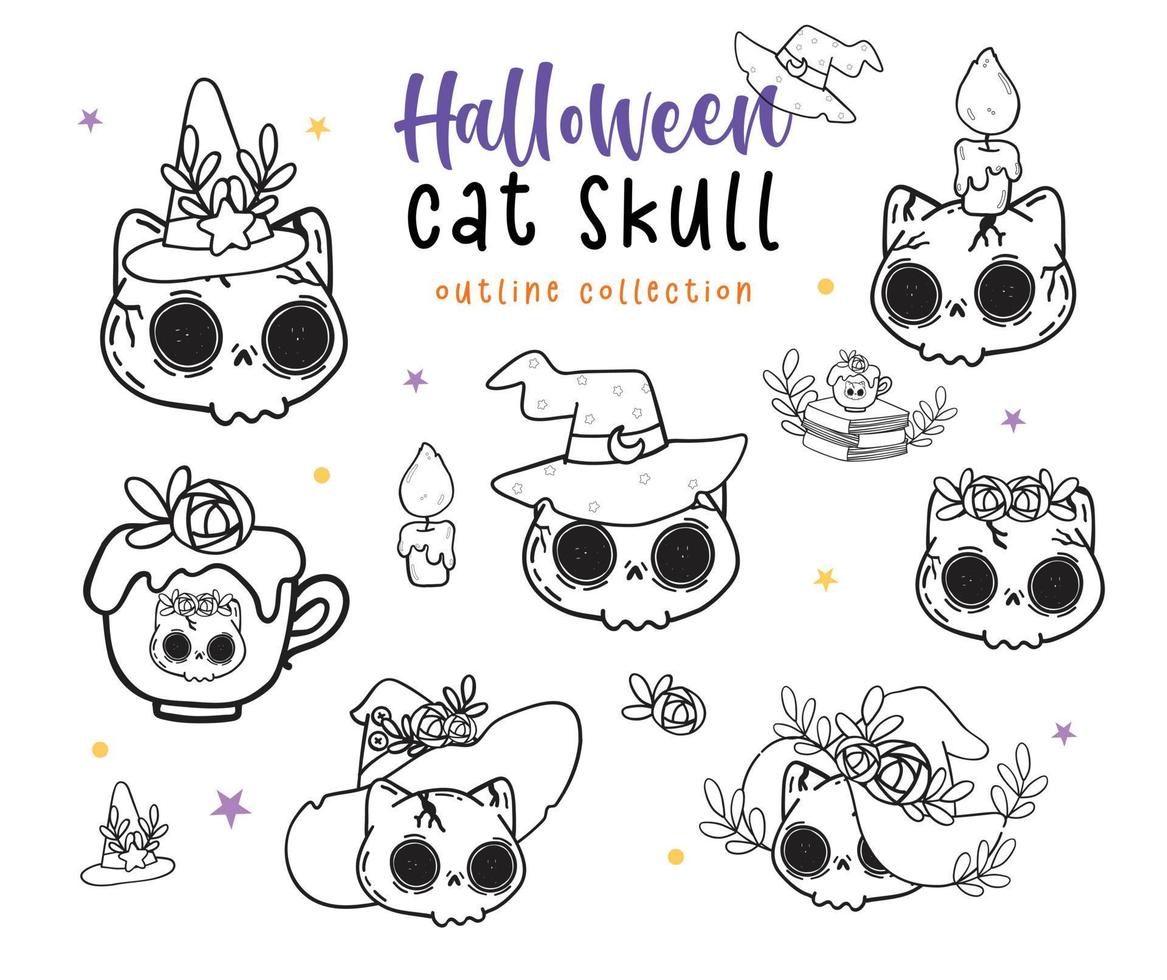 linda cara de calavera de gatito de halloween con sombrero de bruja, cabeza de calavera de gato kawaii conjunto de elementos de halloween esquema de dibujos animados conjunto de garabatos vector para colorear libro