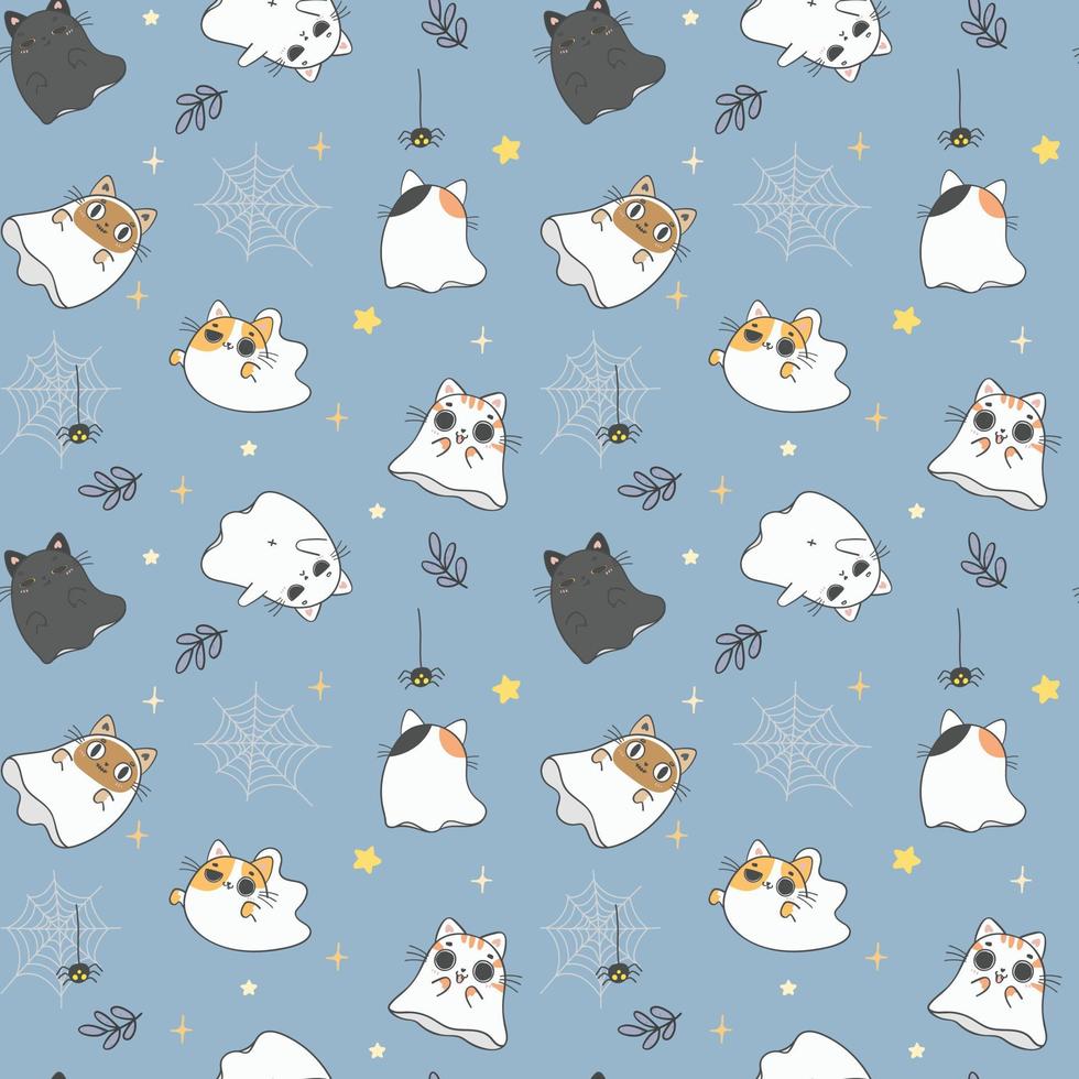 cute ghost kitten cat halloween pattern seamless background cartoon doodle hand drawn vector