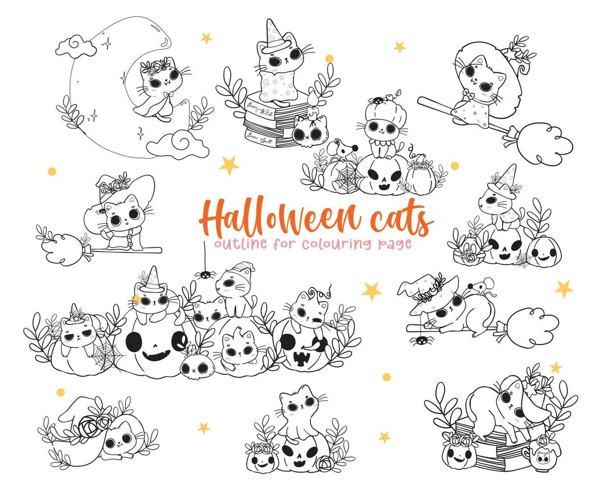 cute Halloween magic cat costume set cartoon outline doodle set vector for colouring book