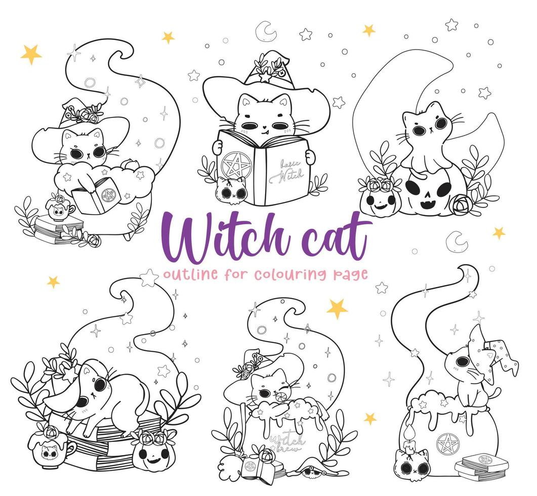 cute Halloween magic witch cat cartoon outline doodle set vector for colouring book