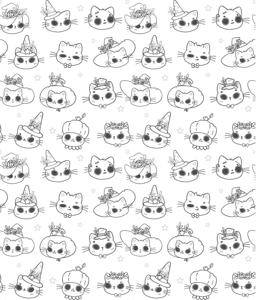 pattern seamless background Halloween kitten cat outline black doodle isolated on white vector