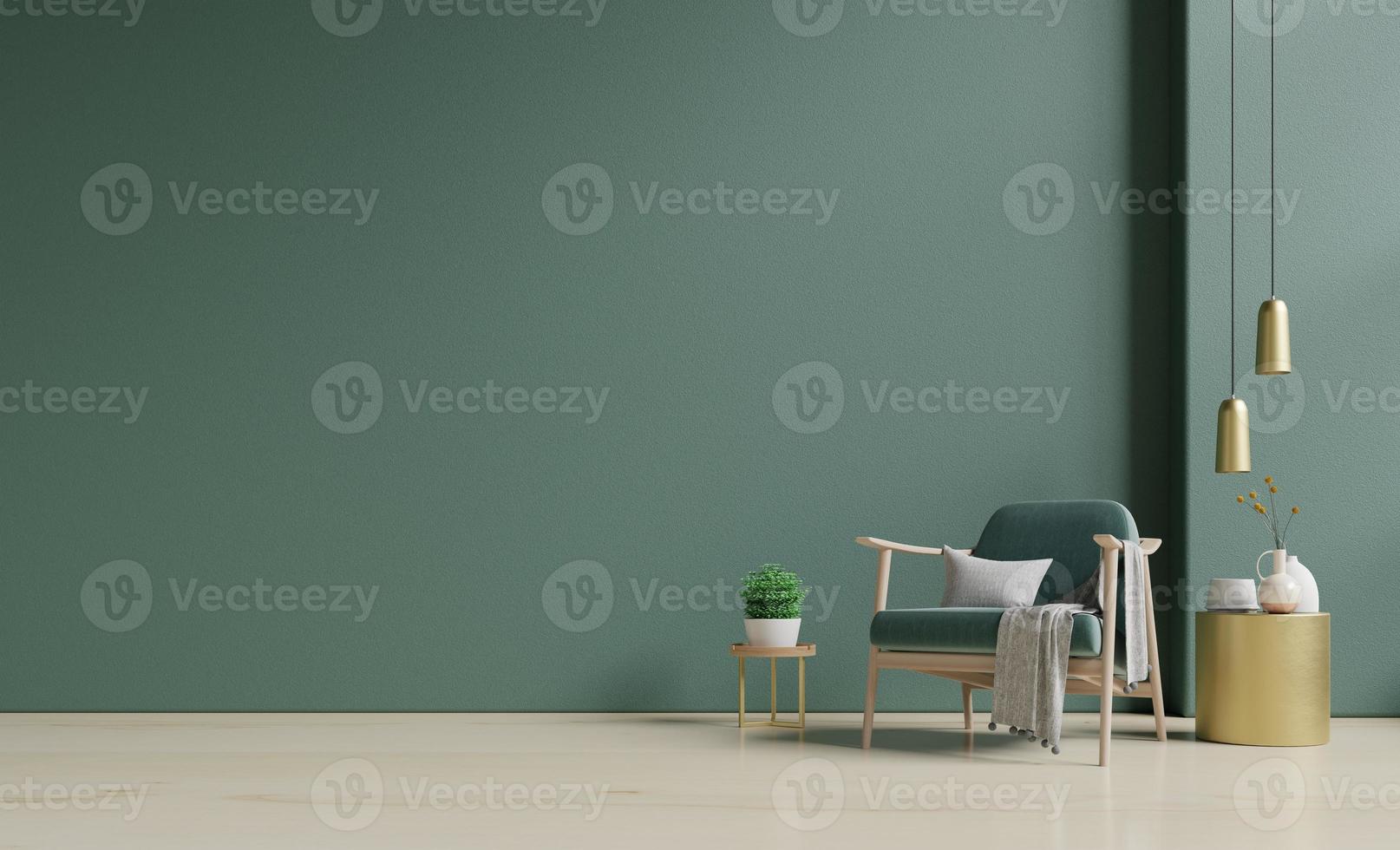 interior moderno de espacio de pared con sillón verde en una habitación vacía de color verde oscuro. foto