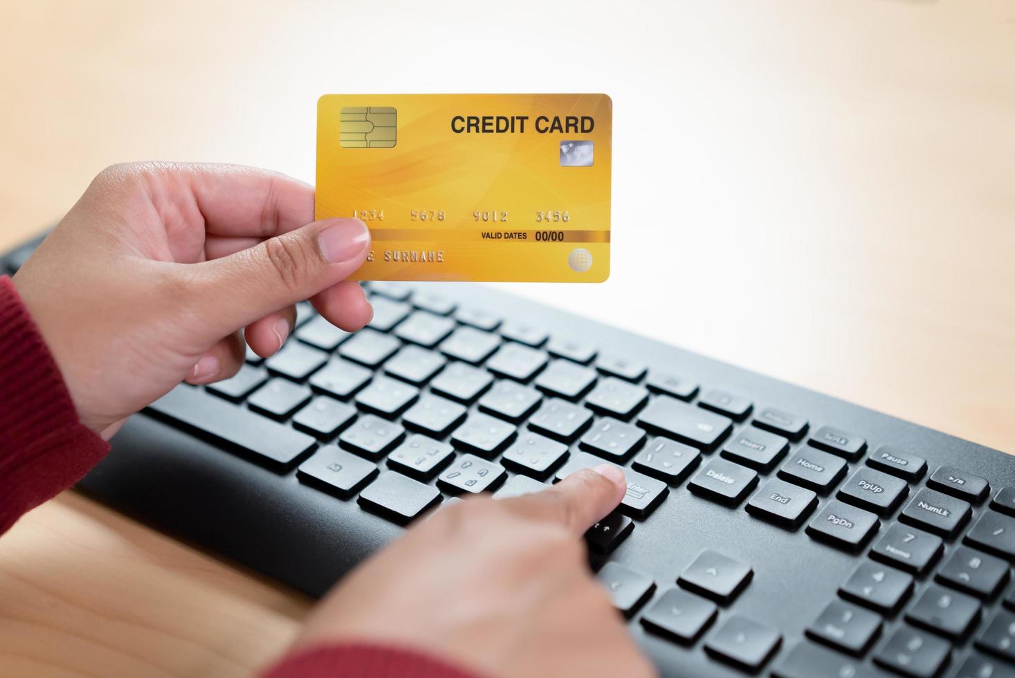 Online payment using credit card. Input card number for online money transaction. photo