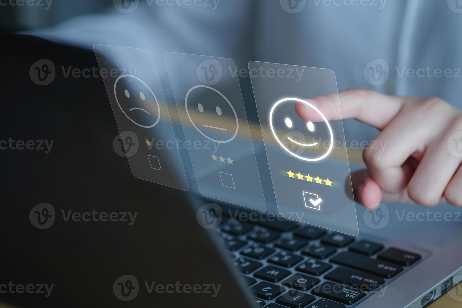 Customer giving rating 5 star for review. Customer service rating experience, feedback emotion and online satisfaction survey. Evaluate quality of service leading to reputation ranking of business. photo