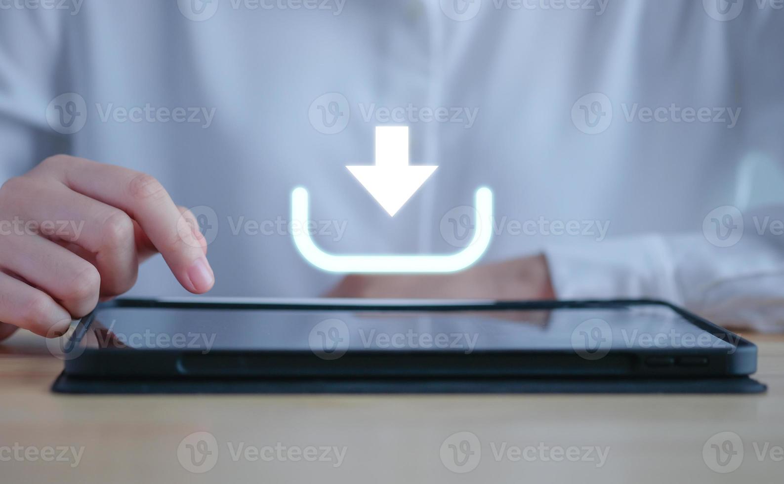 Businessman using tablet for download data. Files receiver. Digital system for transferring documents and File sharing. technology concept. photo