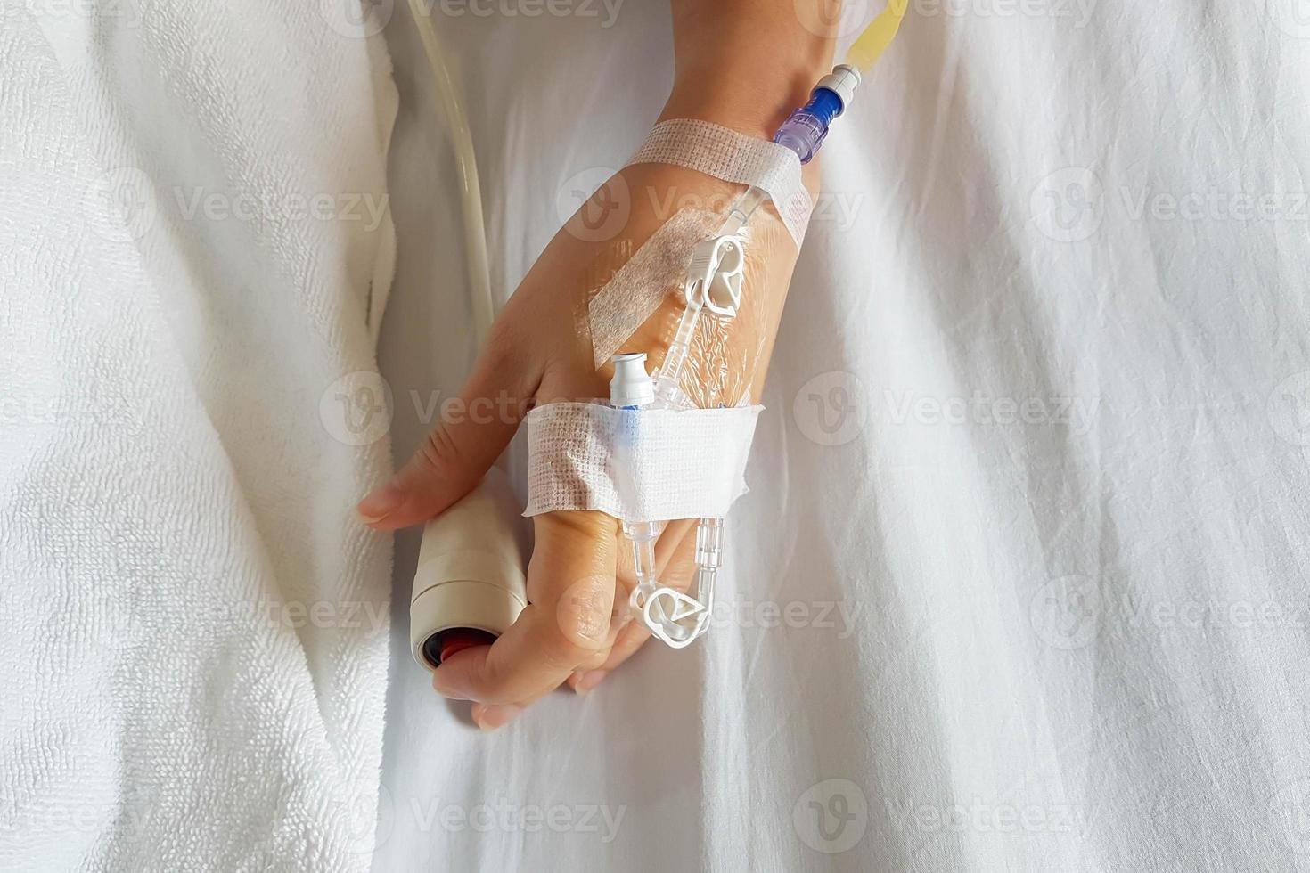 Close-up of patient hand with infusion needle and IV tube for intravenous infusion pushing emergency button at bed. photo