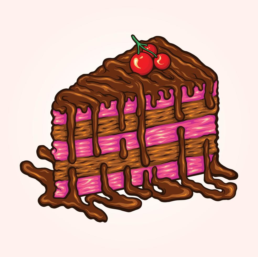 Delicious birthday cherry cake slice monochrome illustration vector