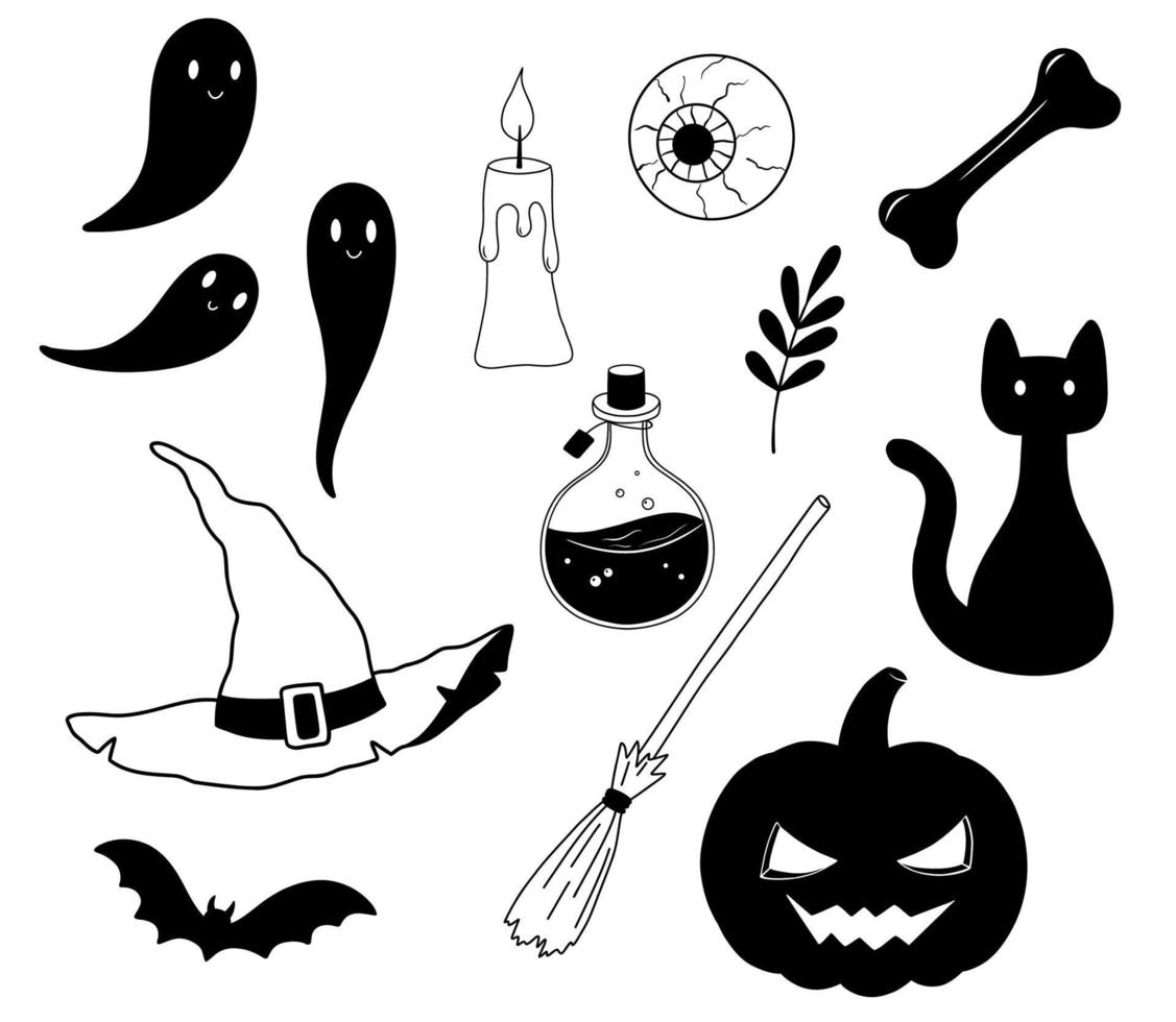 Vector magic flask with poison potion, pumpkin, bat, ghost and ghosts. Set of Illustrations for Halloween isolated on white