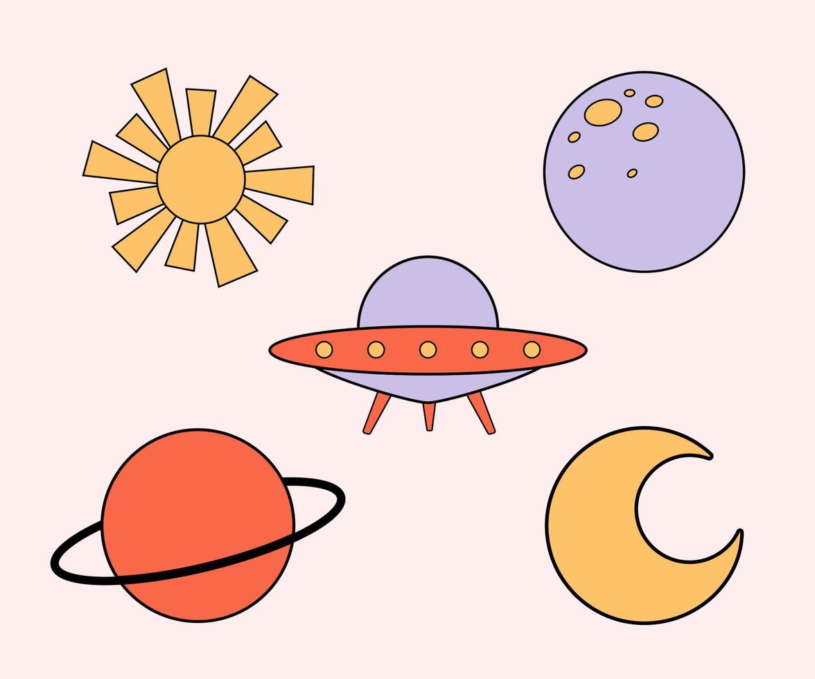 Groovy retro stickers in 1970 style. Set of Vector illustrations from 60s isolated on white background. Moon, sun, planet and ufo in flat style