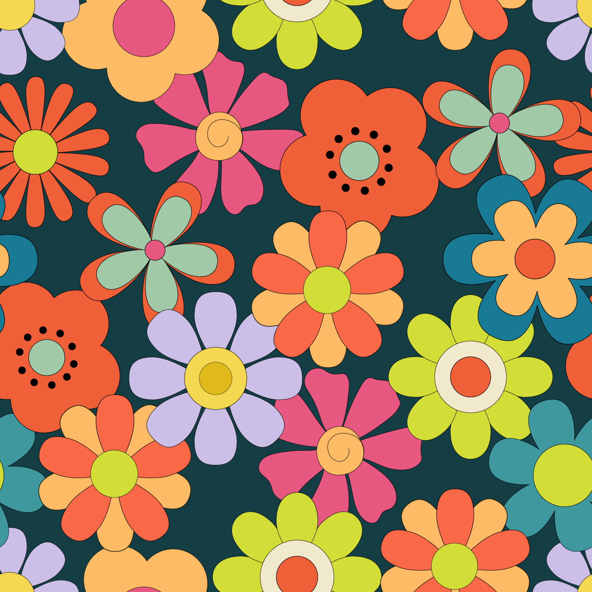 Seamless pattern with Groovy retro flowers. Hippie endless background