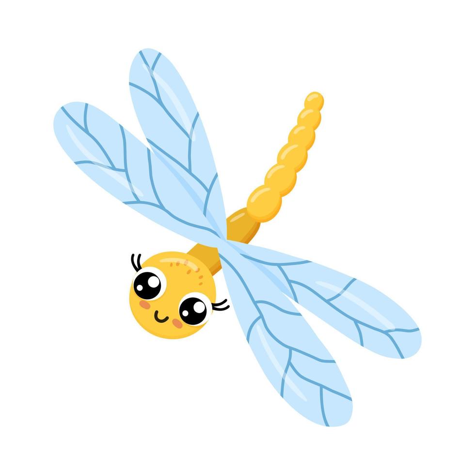 Cute smiling dragonfly isolated on white background. Funny insect and garden animals for children. Flat cartoon vector illustration