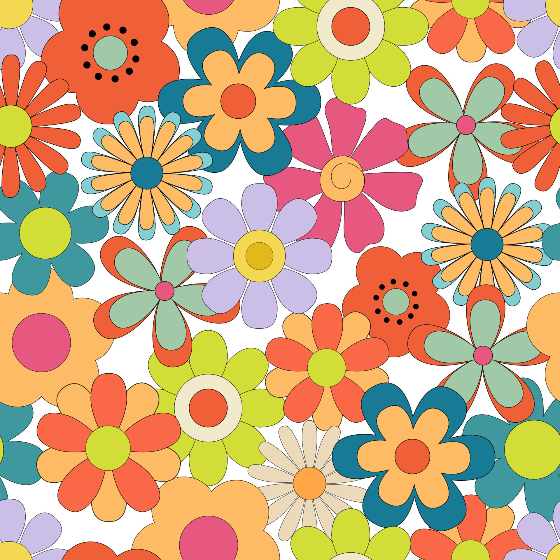 Seamless pattern with Groovy retro flowers. Hippie endless background