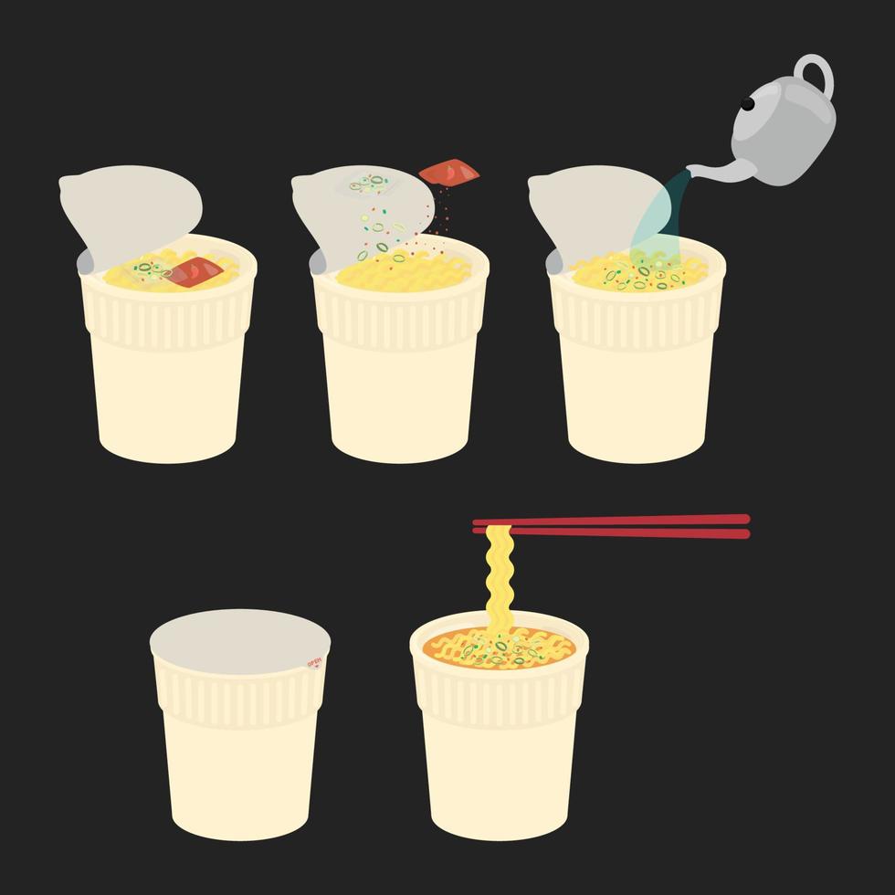 cómo cocinar fideos instantáneos picantes taza kawaii ilustración vectorial de dibujos animados planos vector
