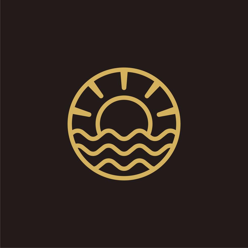 circle badge line of sun with a water ocean beach sea illustration vector logo icon illustration