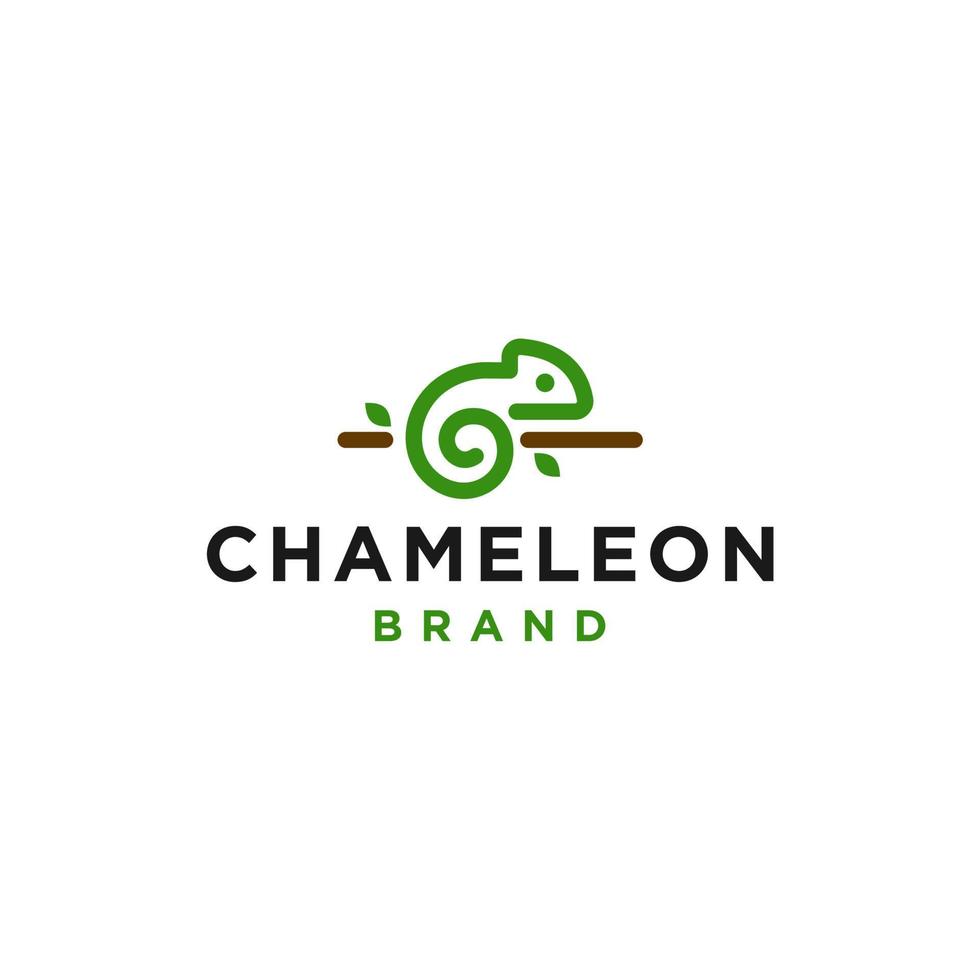 Simple line green chameleon on a tree branch logo icon design vector in trendy minimal outline style, abstract outline symbol