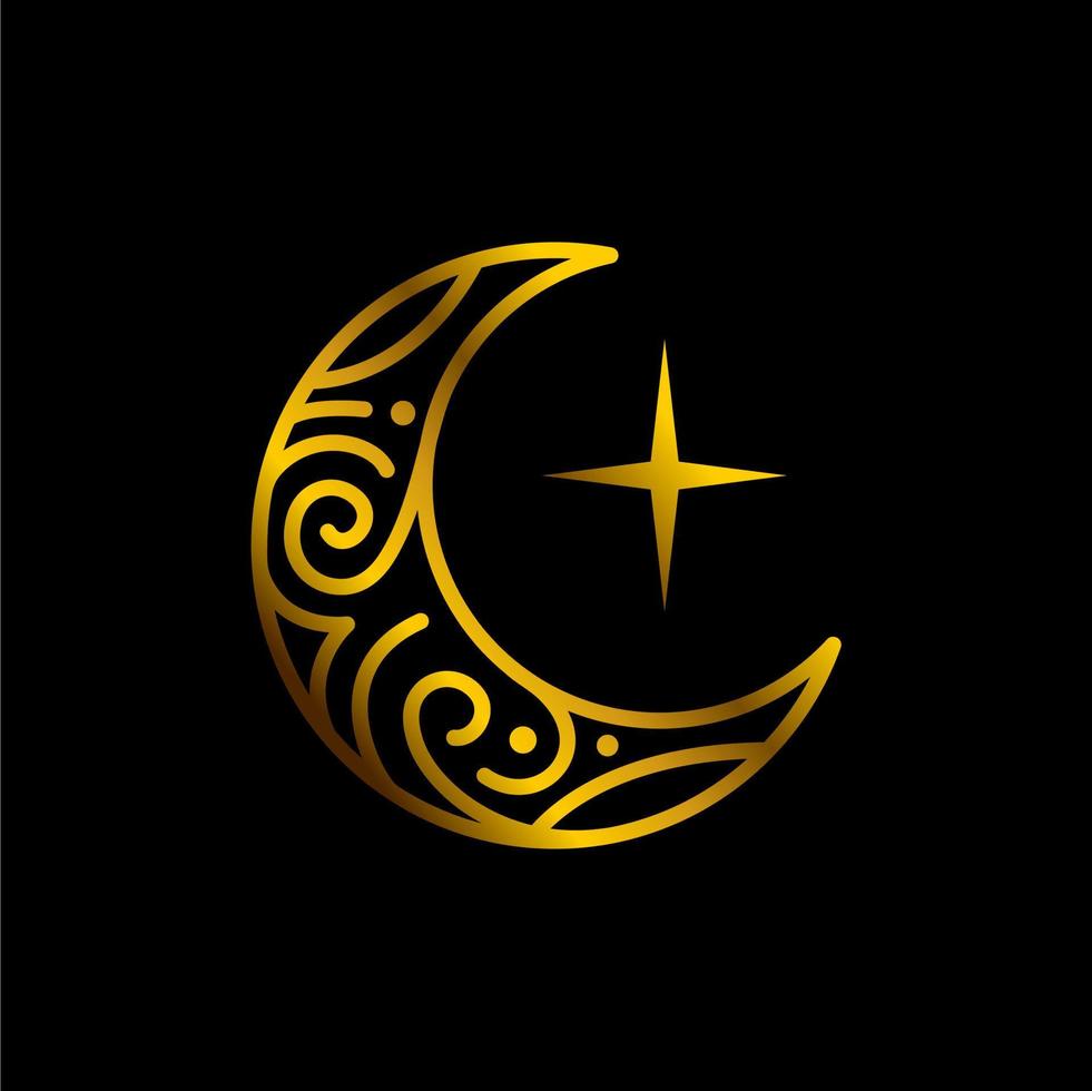 elegante luna de oro creciente y estrella logo diseño línea icono vector en estilo de lujo contorno lineal, luna de linterna dorada brillante