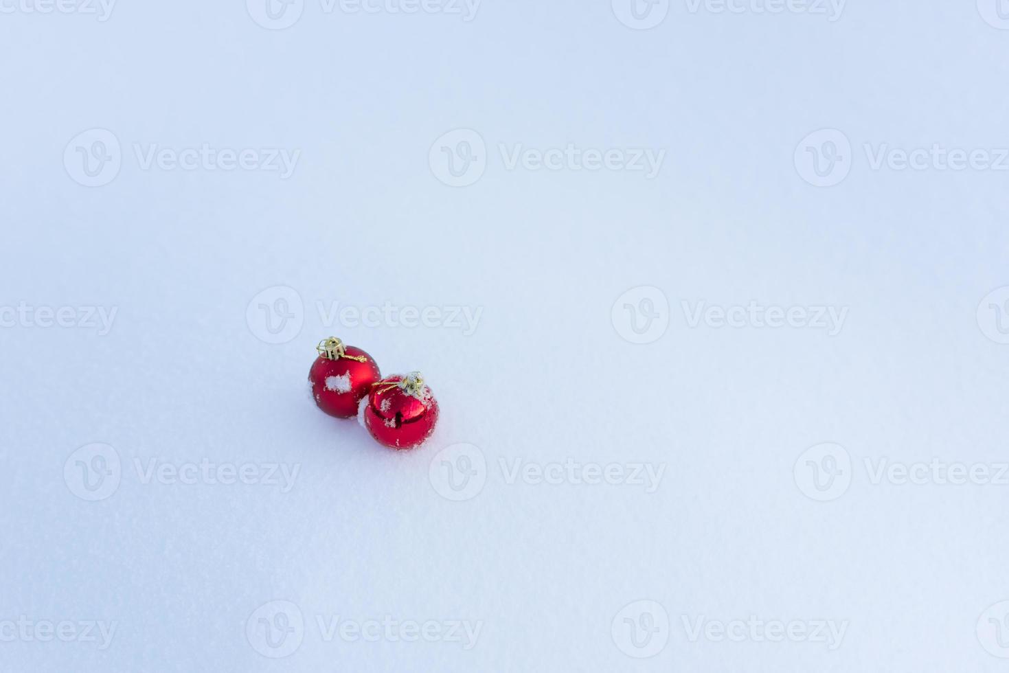 red christmas balls in fresh snow photo