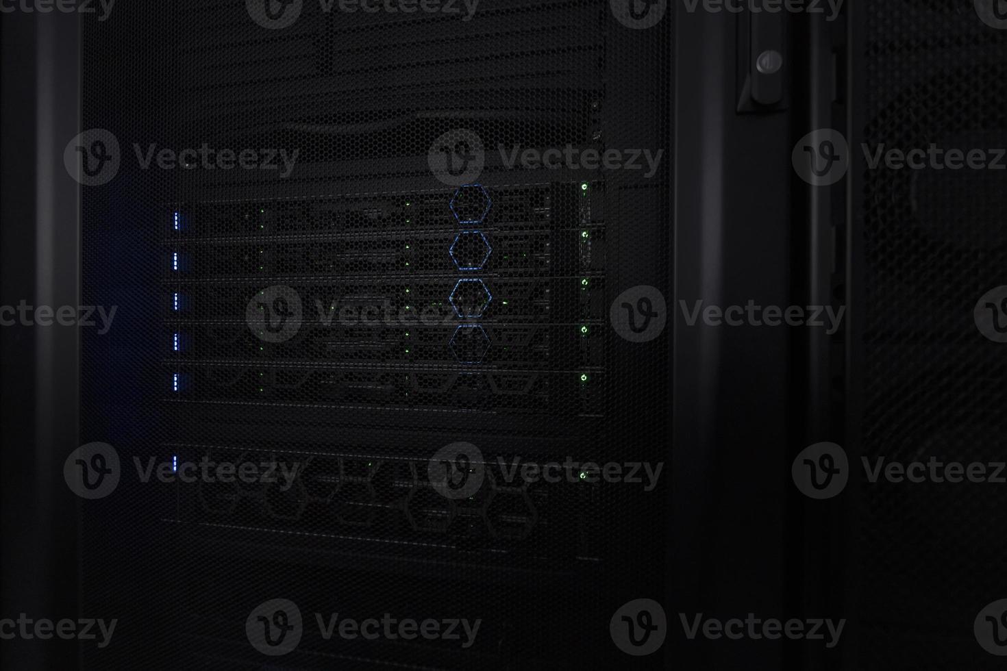 Data Center With Multiple Rows of Fully Operational Server Racks. Modern Telecommunications, Cloud Computing, Artificial Intelligence, Database, Supercomputer Technology Concept. photo